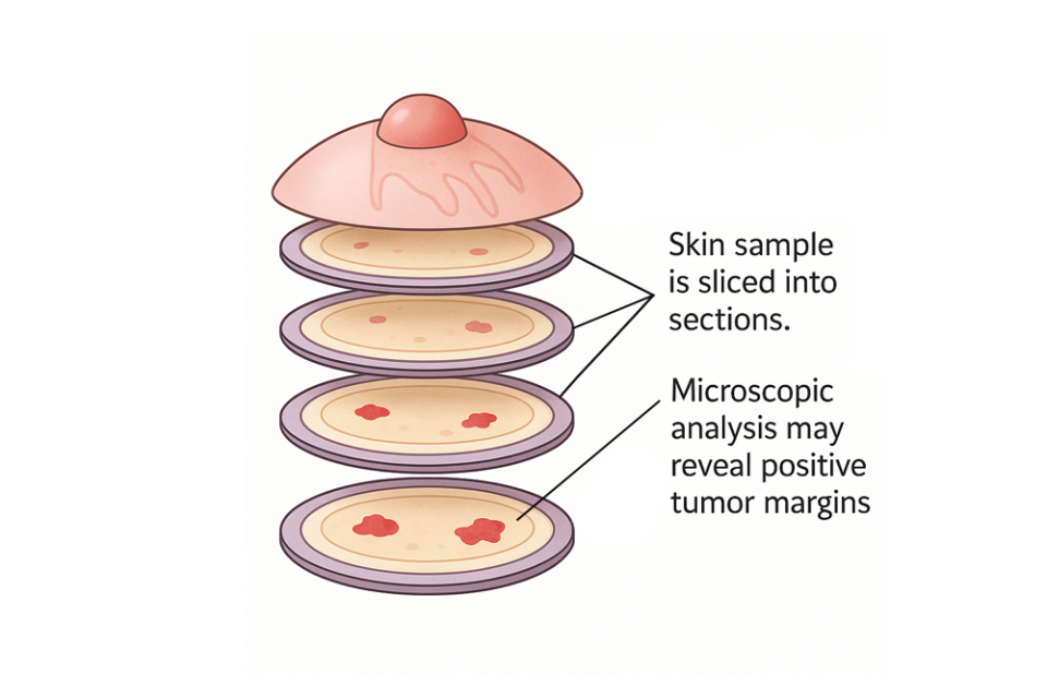 Skin sample sliced into sections, showing positive tumor margins